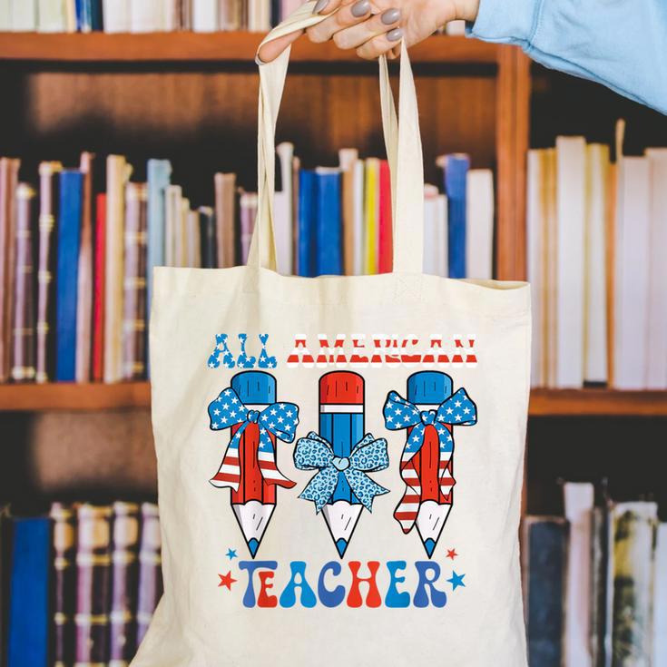 All American Teacher Pencil Coquette Bow USA Flag Teachers Canvas Tote Bag, funny gift All American Teacher Pencil Coquette Bow USA Flag Teachers Canvas Tote Bag, funny gift