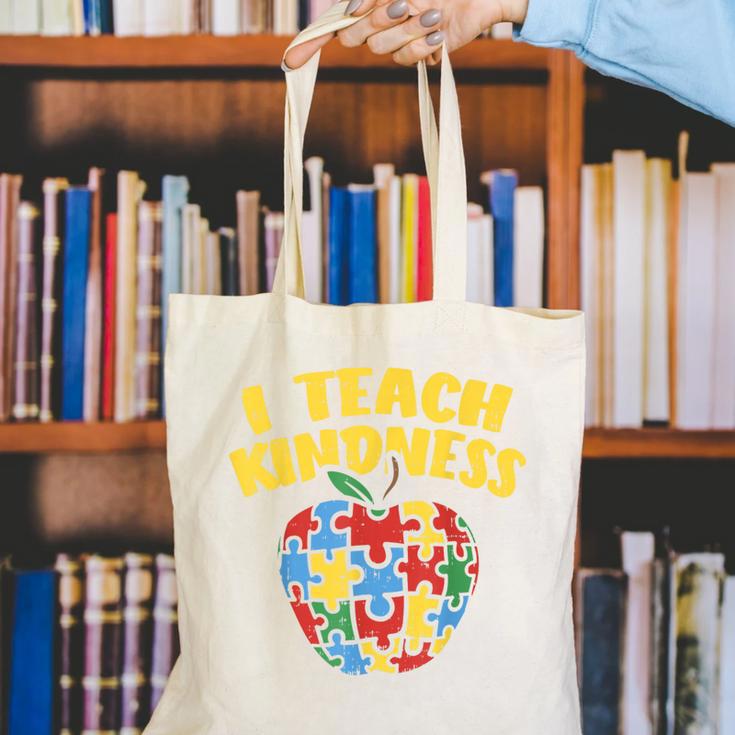 Autism Teacher Shirt I Teach Kindness Apple Puzzle Awareness Canvas Tote Bag, funny gift