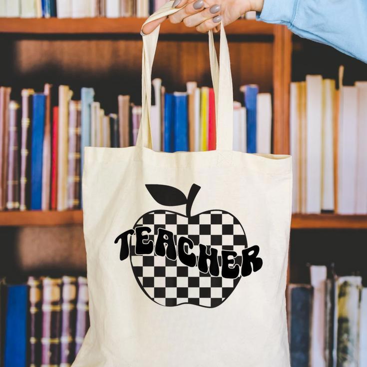 Back To School Checkered Apple Teacher Checkerboard Teacher For Men Women Girls Kids Canvas Tote Bag, funny gift
