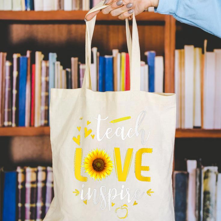 Back To School Teach Love And Inspire Teacher Sunflower Canvas Tote Bag, funny gift Back To School Teach Love And Inspire Teacher Sunflower Canvas Tote Bag, funny gift