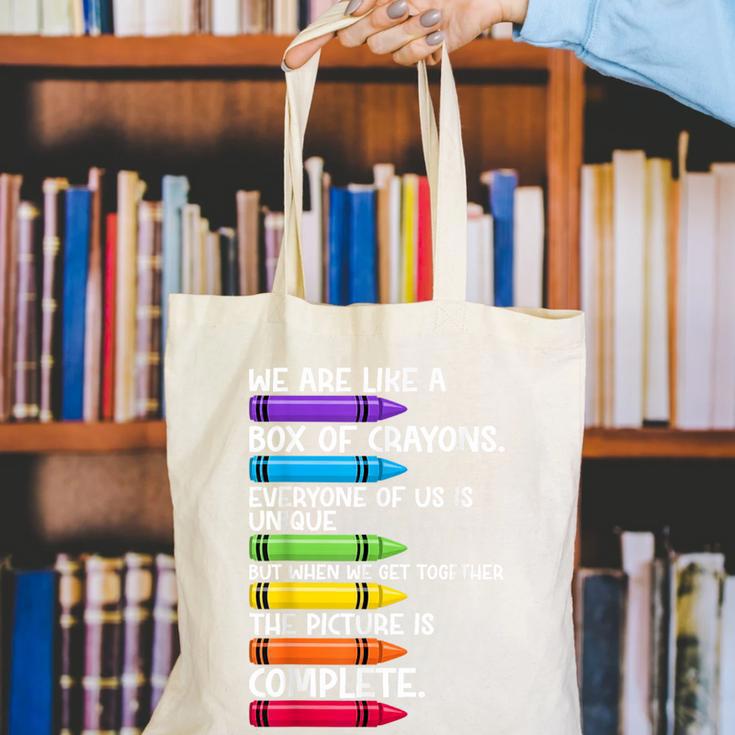 Back To School Teacher We Are Like A Box Of Crayons Canvas Tote Bag, funny gift