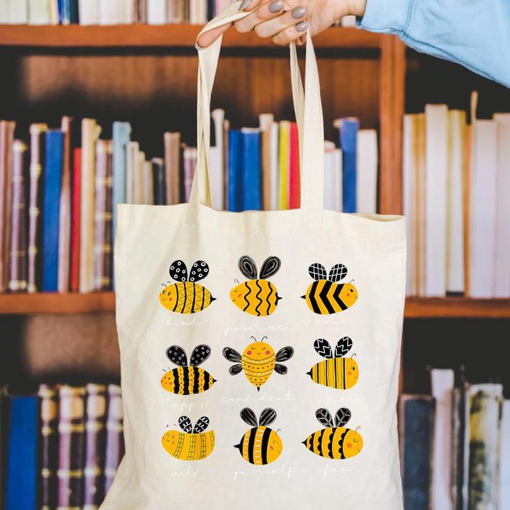 Bee Kind Positive Brave Happy Confident Humble Teacher Canvas Tote Bag, funny gift