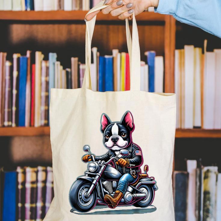 Biker Boston Terrier Dog Riding Motorbike Canvas Tote Bag, Boston Terrier Riding Tote Bags, funny gift