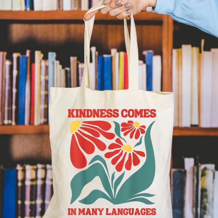 Boho Flower ESL Teacher Kindness Comes In Many Languages Canvas Tote Bag, Esl Teacher Tote Bags, funny gift