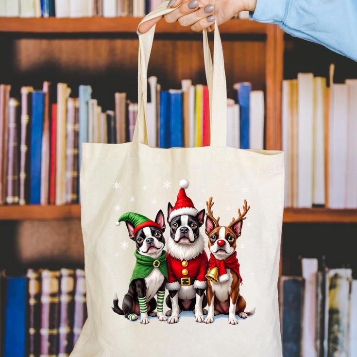 Boston Terrier Christmas Dogs Santa Reindeer Elf Canvas Tote Bag, Boston Terrier Christmas Tote Bags, funny gift