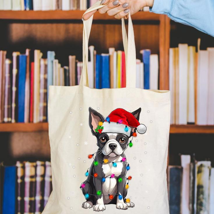 Boston Terrier Christmas Santa Hat Tree Lights Pajama Canvas Tote Bag, Boston Terrier Christmas Tote Bags, funny gift