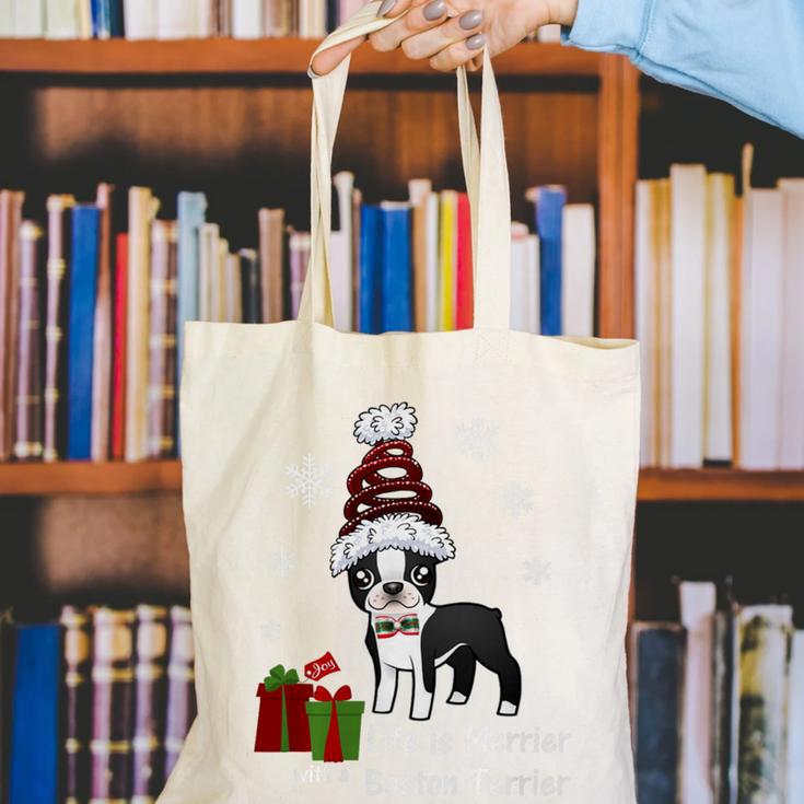 Boston Terrier Christmas T Shirt-Life Is Merrier Premium Tri-Blend Canvas Tote Bag, Boston Terrier Christmas Tote Bags, funny gift