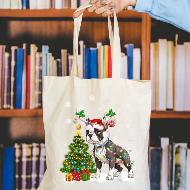 Boston Terrier Christmas Tree Lights Santa Hat Canvas Tote Bag, Boston Terrier Christmas Tote Bags, funny gift