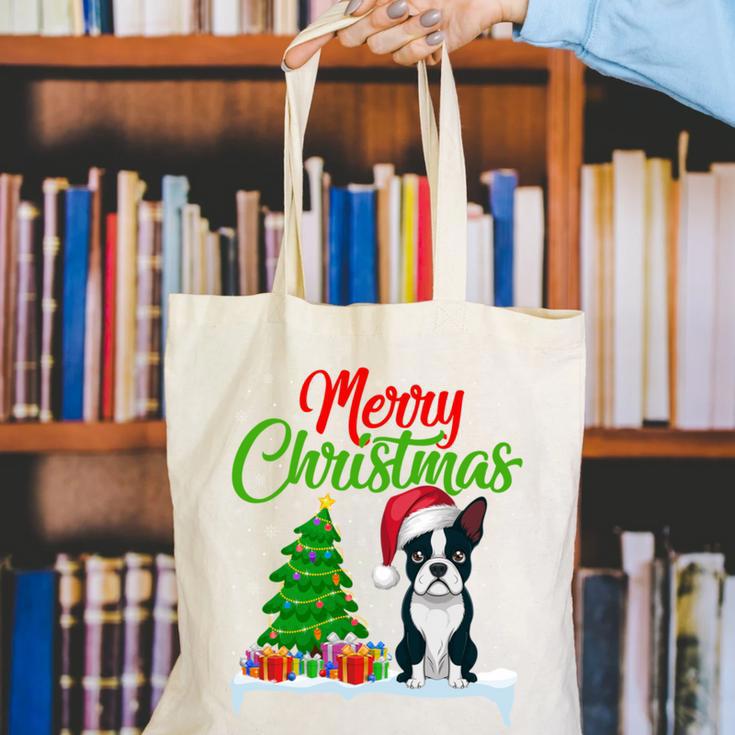 Boston Terrier Christmas Tree Lights Xmas Dog Lover Canvas Tote Bag, Boston Terrier Christmas Tote Bags, funny gift
