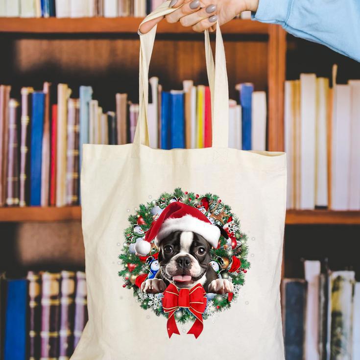 Boston Terrier Christmas Wreath Decoration Xmas Pajamas Canvas Tote Bag, Boston Terrier Christmas Tote Bags, funny gift