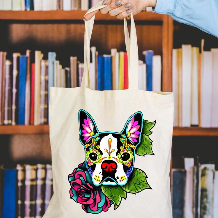 Boston Terrier In Day Of The Dead Sugar Skull Dog Canvas Tote Bag, funny gift