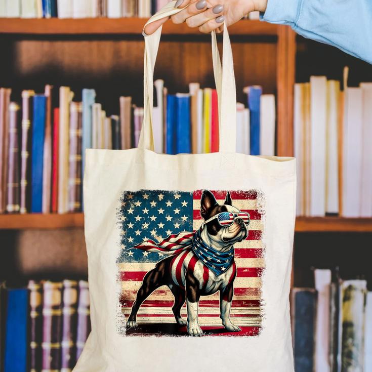 Boston Terrier Dog 4th Of July USA American Flag Patriotic Canvas Tote Bag, Patriotic Boston Terrier Tote Bags, American Boston Terrier Tote Bags, Boston Terrier 4th Of July Tote Bags, funny gift