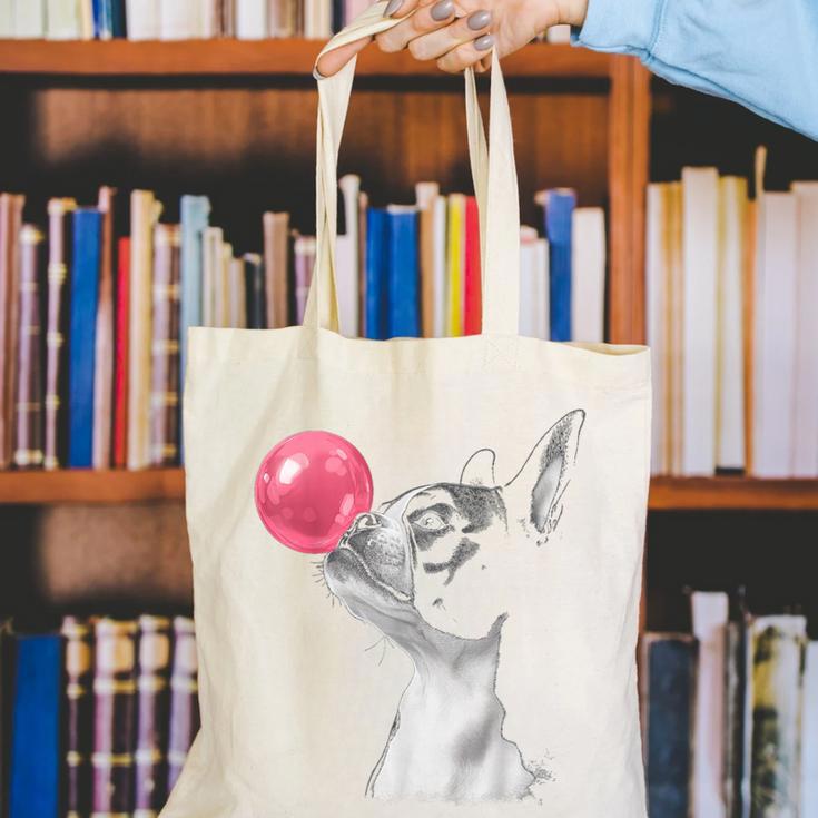Boston Terrier Dog Blowing Chewing Bubble Gum Pink Canvas Tote Bag, funny gift