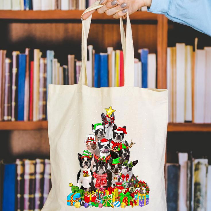 Boston Terrier Dog Christmas Tree Lights Xmas Pajama For Men Women Kids Canvas Tote Bag, Boston Terrier Christmas Tote Bags, funny gift