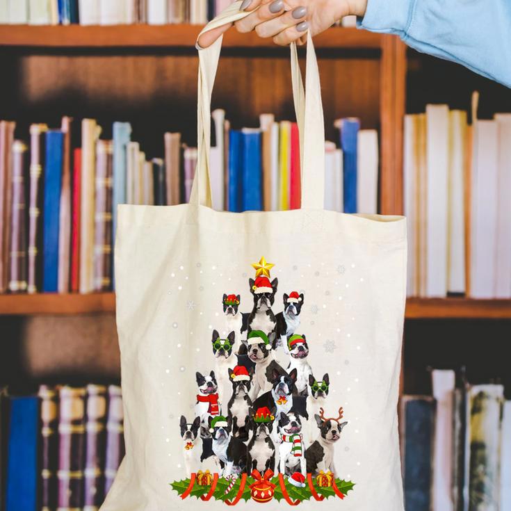 Boston Terrier Dog Christmas Tree Santa Hat Xmas Pajama Men Women Kids Canvas Tote Bag, Boston Terrier Christmas Tote Bags, funny gift