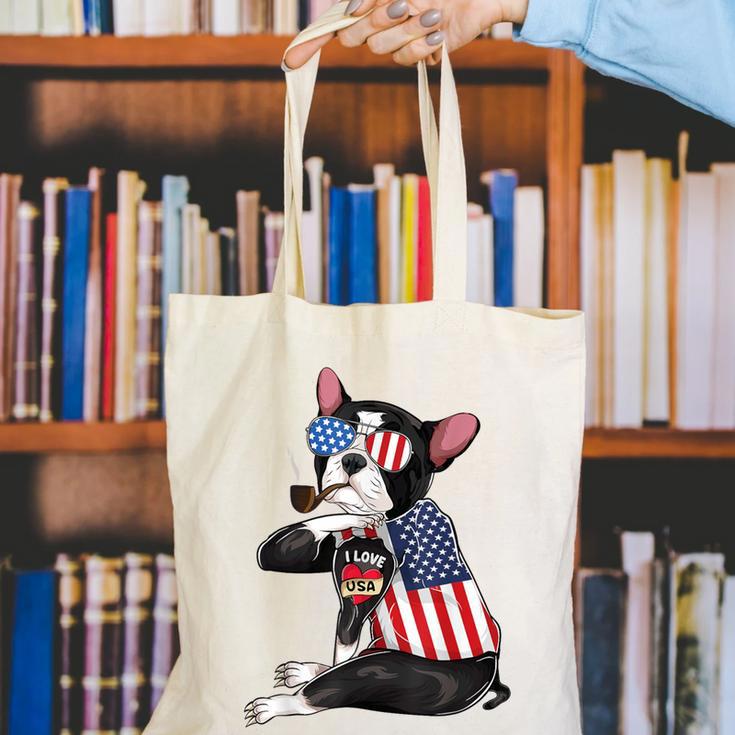 Boston Terrier Dog Merica 4th Of July Usa American Flag Men Canvas Tote Bag, American Boston Terrier Tote Bags, Boston Terrier 4th Of July Tote Bags, funny gift