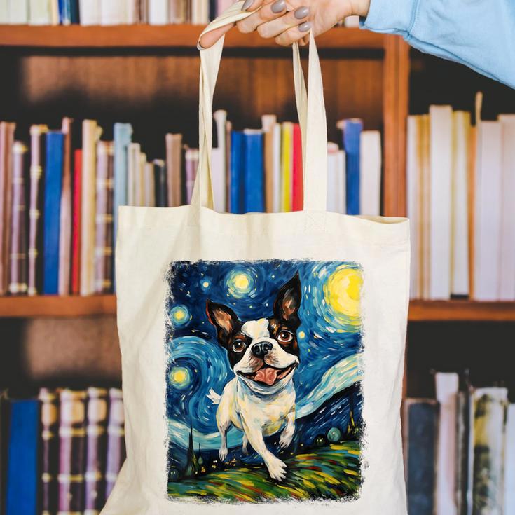Boston Terrier Dog Starry Night Painting Canvas Tote Bag, funny gift