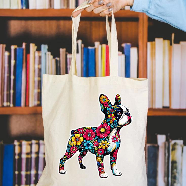 Boston Terrier Floral Vintage Dog Mom Distressed Men Women Kids Canvas Tote Bag, Boston Terrier Mom Tote Bags, funny gift