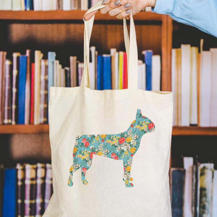 Boston Terrier Flower Silhouette Floral Dog Men Women Girls Kids Canvas Tote Bag, funny gift
