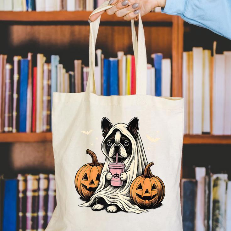 Boston Terrier Ghost Boo Halloween Costume Spooky Season Canvas Tote Bag, Boston Terrier Halloween Tote Bags, Boston Terrier Ghost Tote Bags, funny gift