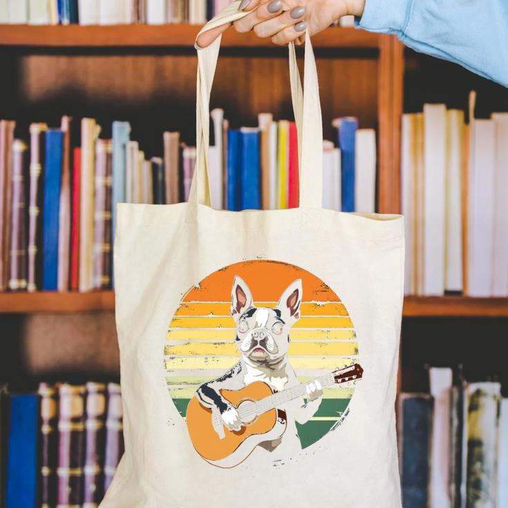 Boston Terrier Guitar Retro Canvas Tote Bag, funny gift