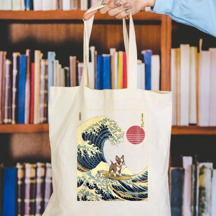 Boston Terrier Japanese Kanagawa Wave Surf Dog Canvas Tote Bag, funny gift