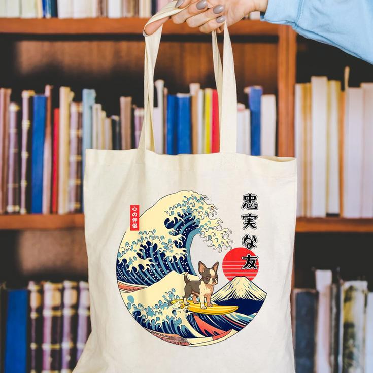 Boston Terrier Japanese Kanagawa Wave Surf Loyal Dog Men Women Kids Canvas Tote Bag, funny gift