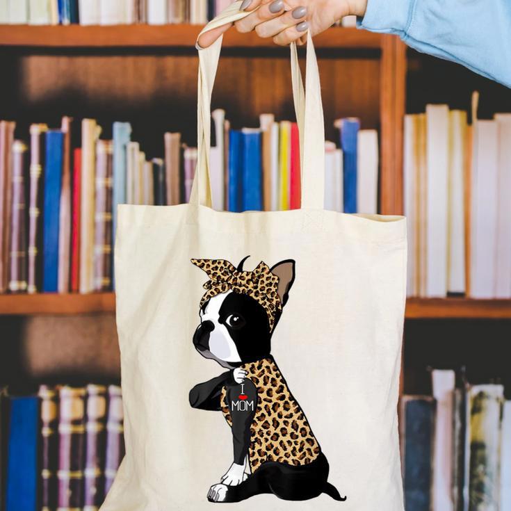 Boston Terrier Lover I Love Mom Tattoo Leopard Canvas Tote Bag, Boston Terrier Mom Tote Bags, funny gift