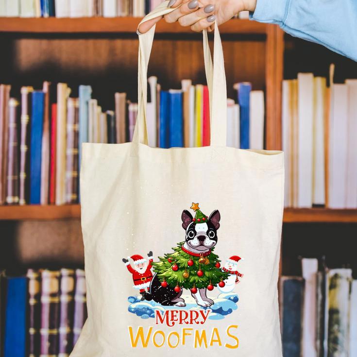 Boston Terrier Merry Christmas Tree Lights Dog X-Mas Dogs Canvas Tote Bag, Boston Terrier Christmas Tote Bags, funny gift