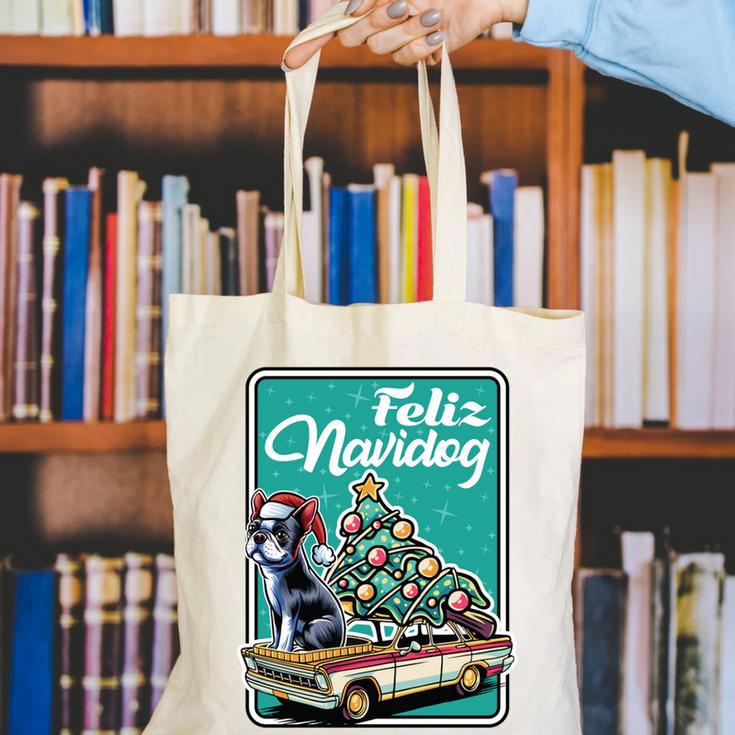 Boston Terrier Merry Christmas Tree Truck Dog X-Mas Canvas Tote Bag, Boston Terrier Christmas Tote Bags, funny gift