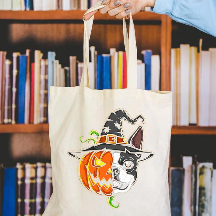 Boston Terrier Pumpkin Jack O Lantern Halloween Canvas Tote Bag, Boston Terrier Halloween Tote Bags, funny gift