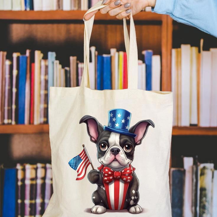 Boston Terrier Puppy Dog Holds His American Flag 4th Of July Canvas Tote Bag, American Boston Terrier Tote Bags, Boston Terrier 4th Of July Tote Bags, funny gift