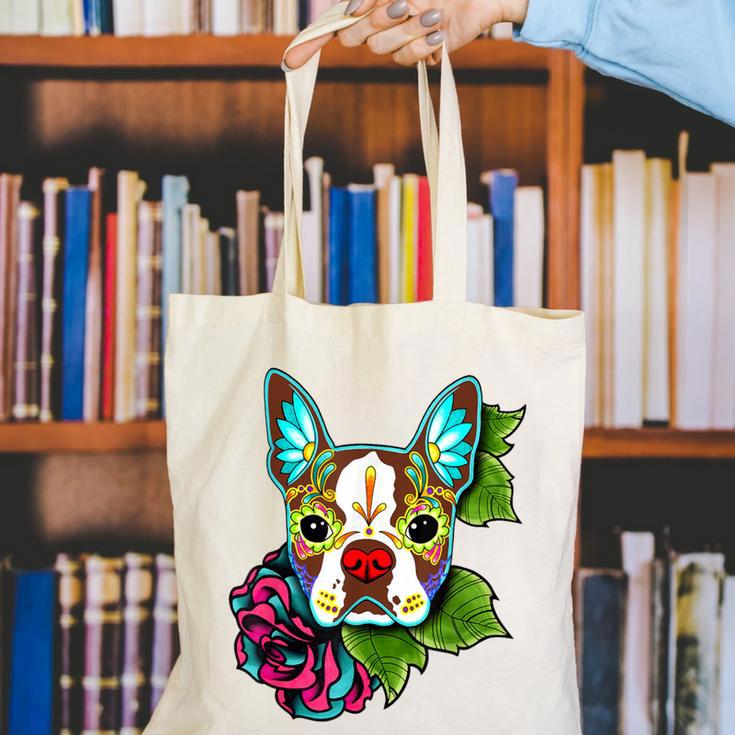 Boston Terrier In Red Day Of The Dead Sugar Skull Dog Canvas Tote Bag, funny gift