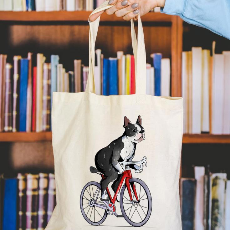 Boston Terrier Riding Bicycle Cute Bostie Biker Raglan Baseball Tee Canvas Tote Bag, Boston Terrier Riding Tote Bags, funny gift