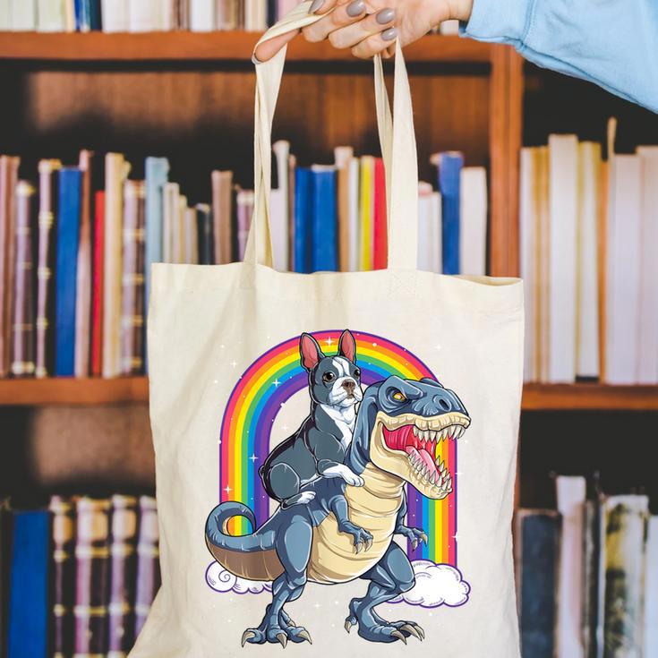 Boston Terrier Riding Dinosaur T-Rex Boys Kids Rainbow Canvas Tote Bag, Boston Terrier Riding Tote Bags, funny gift