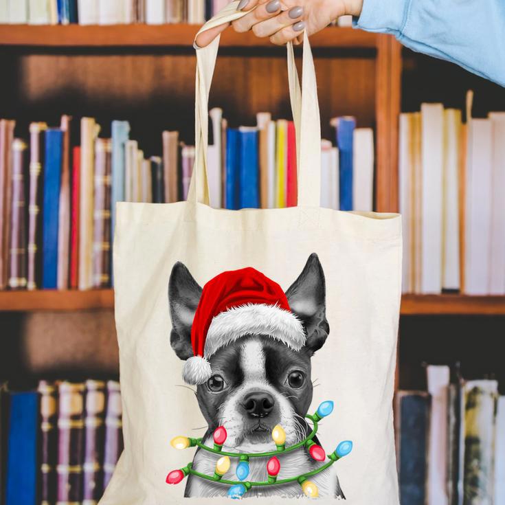 Boston Terrier Santa Christmas Tree Lights Xmas Boys Men Dog Canvas Tote Bag, Boston Terrier Christmas Tote Bags, funny gift