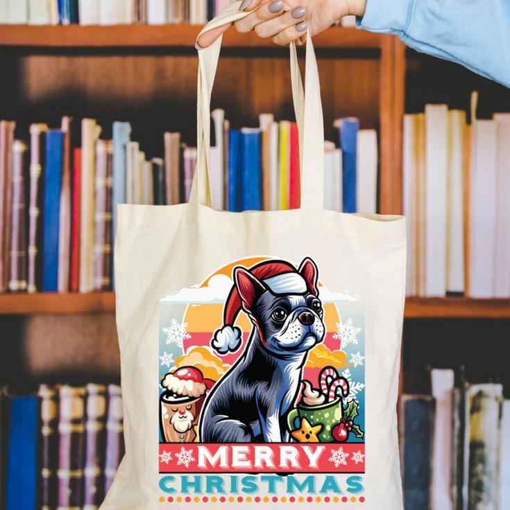 Boston Terrier Santa Claus Coffee Mug Merry Christmas Dogs Canvas Tote Bag, Boston Terrier Christmas Tote Bags, funny gift