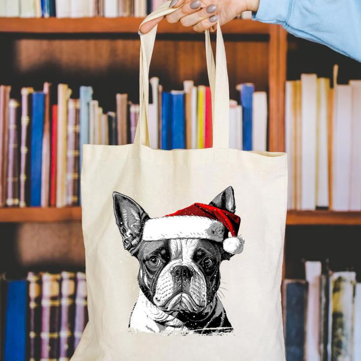 Boston Terrier Santa Claus Hat Merry Christmas Dog X-Mas Canvas Tote Bag, Boston Terrier Christmas Tote Bags, funny gift