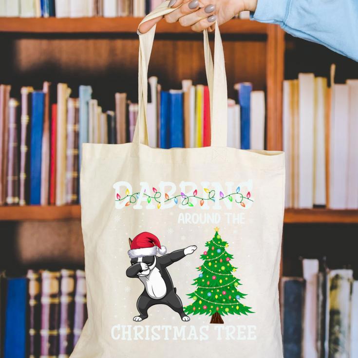 Boston Terrier Santa Hat Dabbing Around The Christmas Tree Canvas Tote Bag, Boston Terrier Christmas Tote Bags, funny gift