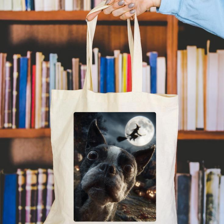 Boston Terrier Selfie Full Moon Flying Witch Halloween Dog Canvas Tote Bag, Boston Terrier Halloween Tote Bags, funny gift