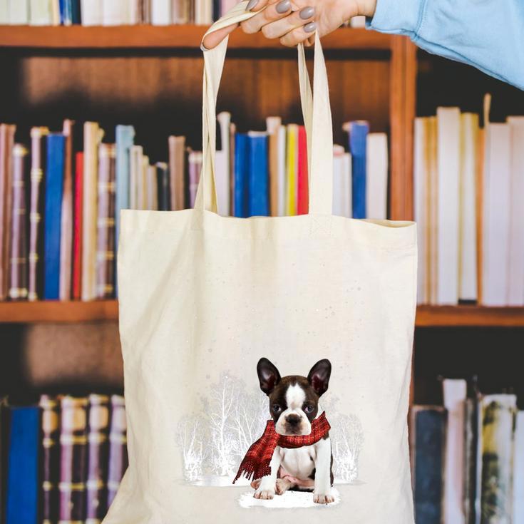 Boston Terrier In The Snow Merry Christmas Winter Canvas Tote Bag, Boston Terrier Christmas Tote Bags, funny gift
