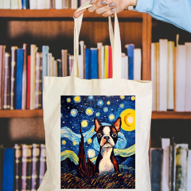 Boston Terrier Starry Night Van Gogh Art Canvas Tote Bag, funny gift