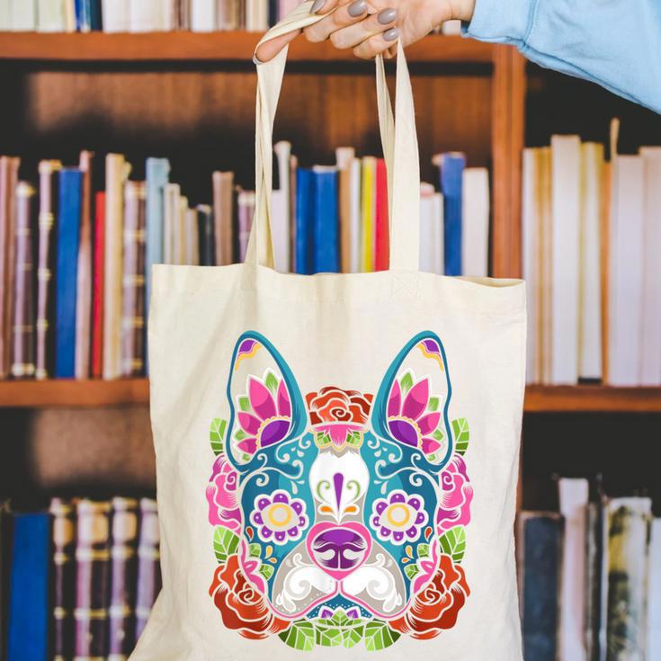 Boston Terrier Sugar Skull Dog Day Of The Dead Canvas Tote Bag, funny gift