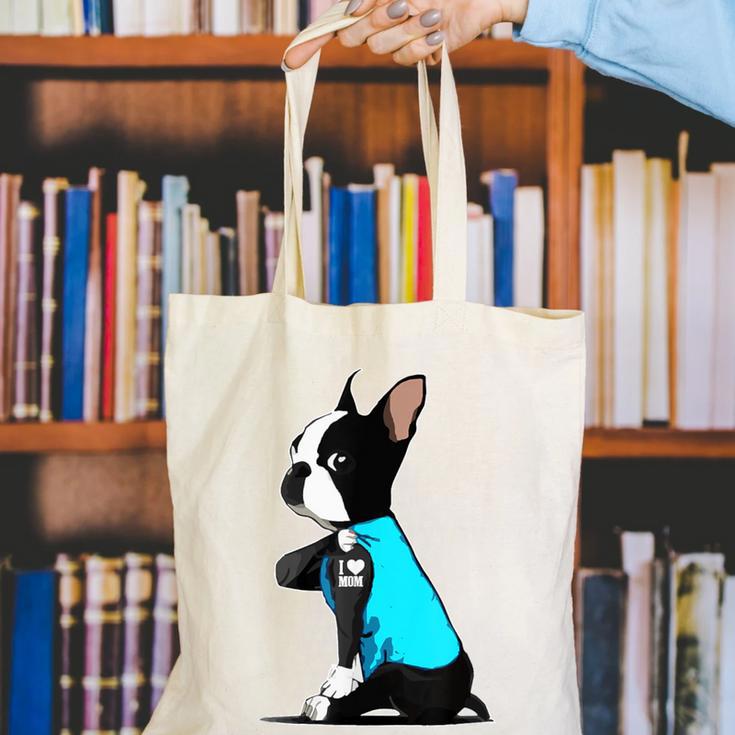 Boston Terrier Tattoos I Love Mom Canvas Tote Bag, Boston Terrier Mom Tote Bags, funny gift