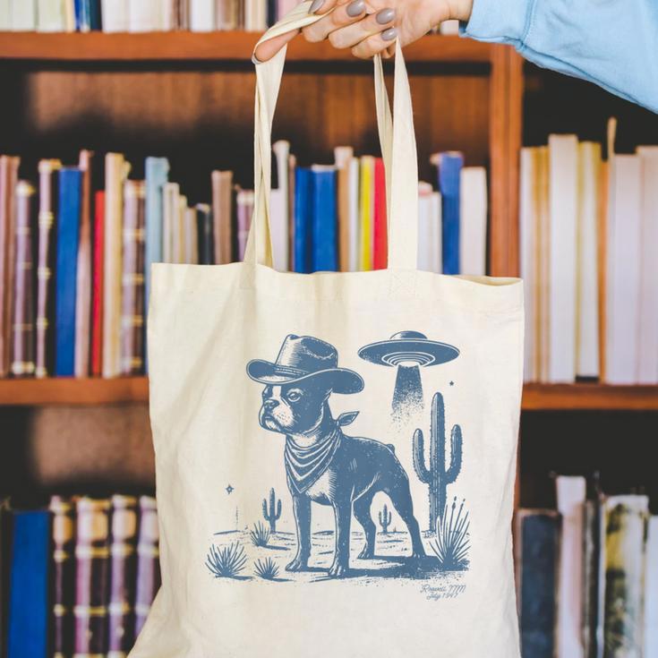 Boston Terrier UFO Cowboy Dog Dog Mom Dog Dad Alien Dog Canvas Tote Bag, Boston Terrier Mom Tote Bags, Boston Terrier Dad Tote Bags, funny gift
