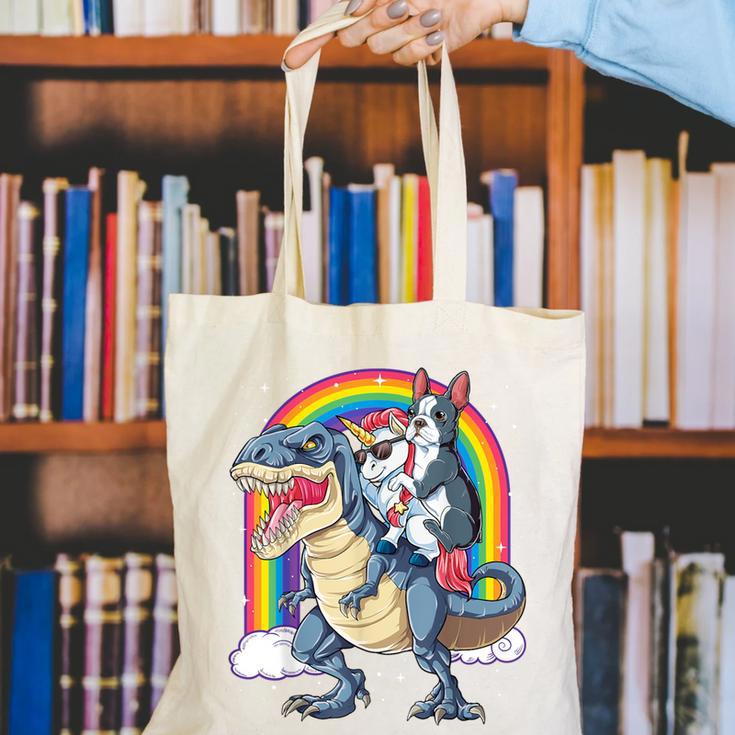 Boston Terrier Unicorn Riding Dinosaur T-Rex Girls Rainbow Canvas Tote Bag, Boston Terrier Riding Tote Bags, funny gift