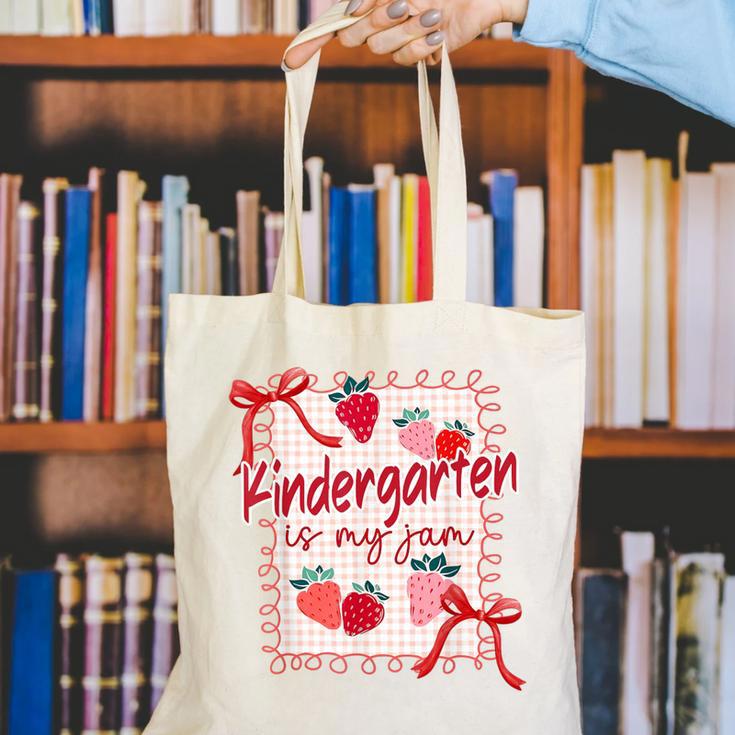 Bow Strawberry Kindergarten Is My Jam Teacher Kinder Team Canvas Tote Bag, funny gift Bow Strawberry Kindergarten Is My Jam Teacher Kinder Team Canvas Tote Bag, funny gift