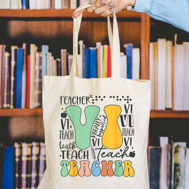 Braille Teacher Of The Visually Impaired Groovy VI Teacher Canvas Tote Bag, Groovy Teacher Tote Bags, funny gift Braille Teacher Of The Visually Impaired Groovy VI Teacher Canvas Tote Bag, Groovy Teacher Tote Bags, funny gift