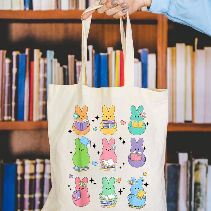 Bunny Reading Books Easter Day Librarian Teacher Book Canvas Tote Bag, Easter Teacher Tote Bags, funny gift