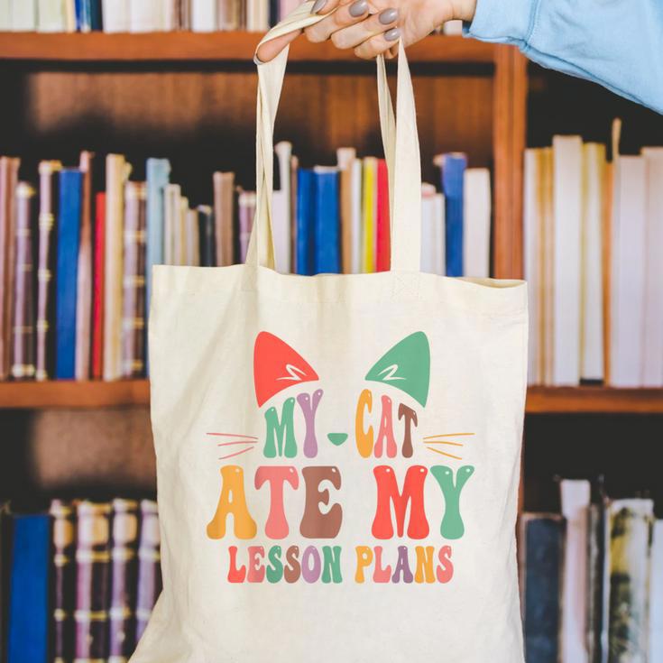 My Cat Ate My Lesson Plans Teacher Sarcastic Canvas Tote Bag, funny gift